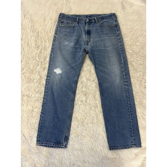 Levis 505 Jeans Mens Light Wash Denim Regular Fit Straight Ripped 38X32 - Picture 1 of 7